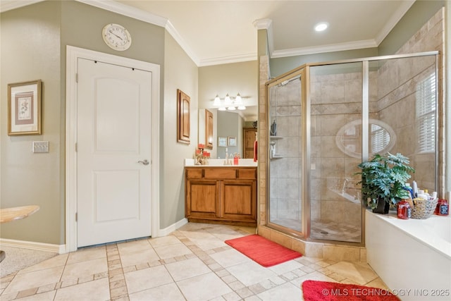 18578 S 269th E Ave, Haskell, OK 74436 - bathroom with ornamental molding, vanity, a stall shower, baseboards, and a bath