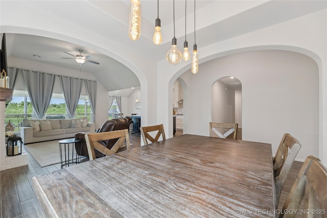 7000 S Elder Ave, Broken Arrow, OK 74011 - dining area with ceiling fan, arched walkways, and lofted ceiling