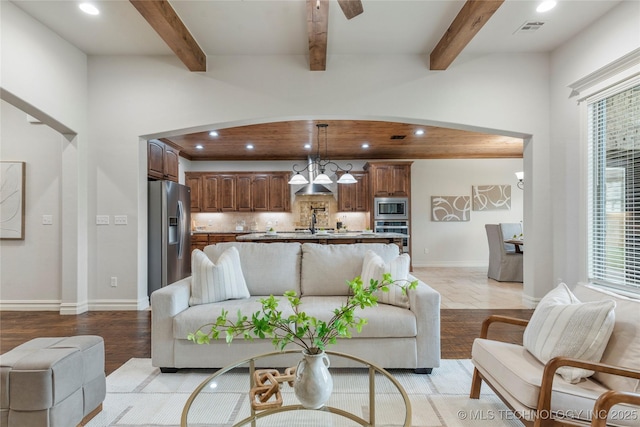 5314 E 125th St S, Bixby, OK 74008 - living area featuring recessed lighting, healthy amount of natural light, baseboards, beam ceiling, and ceiling fan