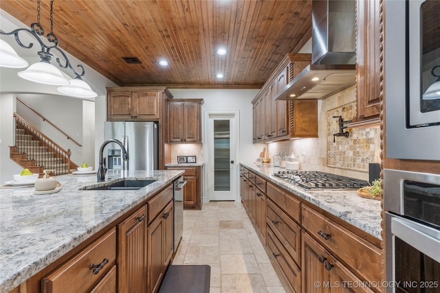 5314 E 125th St S, Bixby, OK 74008 - kitchen with wall chimney range hood, stainless steel appliances, a sink, wooden ceiling, and recessed lighting