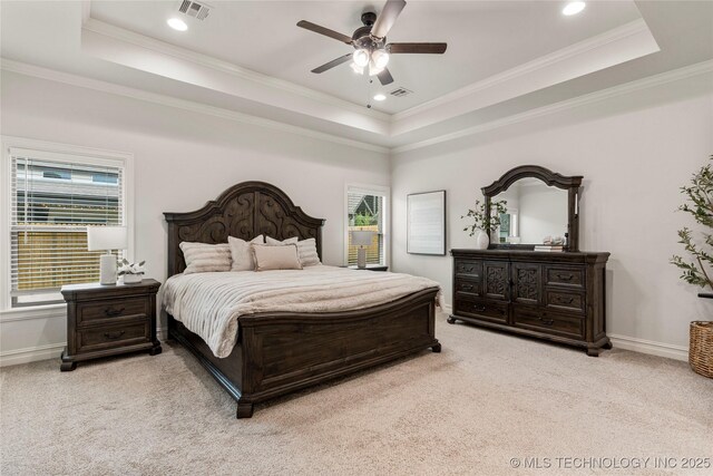 5314 E 125th St S, Bixby, OK 74008 - bedroom with a raised ceiling, multiple windows, light colored carpet, ornamental molding, and recessed lighting