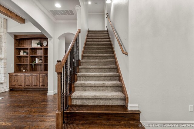 5314 E 125th St S, Bixby, OK 74008 - stairs featuring ornamental molding, arched walkways, wood finished floors, and baseboards