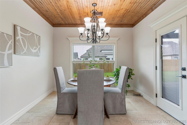 5314 E 125th St S, Bixby, OK 74008 - dining space with crown molding, plenty of natural light, a chandelier, stone tile floors, and wooden ceiling