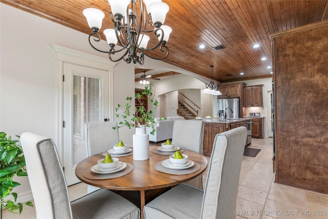 5314 E 125th St S, Bixby, OK 74008 - dining area with a chandelier, recessed lighting, stairway, wood ceiling, and ceiling fan