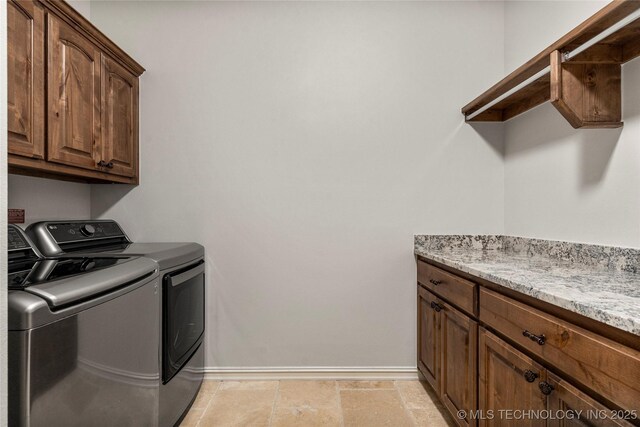 5314 E 125th St S, Bixby, OK 74008 - washroom featuring washing machine and dryer, baseboards, and cabinet space
