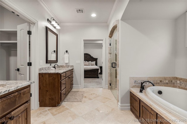 5314 E 125th St S, Bixby, OK 74008 - ensuite bathroom featuring vanity, a bath, a stall shower, and ornamental molding