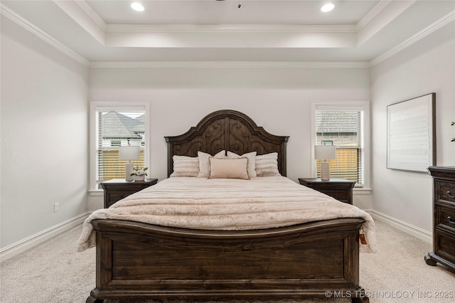 5314 E 125th St S, Bixby, OK 74008 - bedroom with a tray ceiling, carpet, multiple windows, ornamental molding, and recessed lighting
