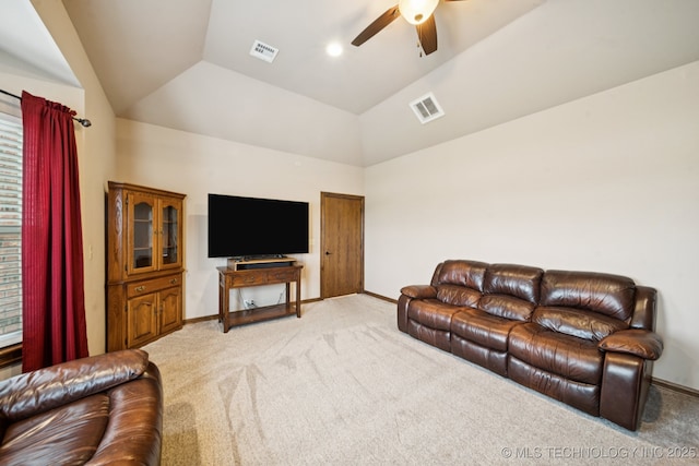 21 E 171st St S, Glenpool, OK 74033 - living area featuring light carpet, vaulted ceiling, ceiling fan, and baseboards