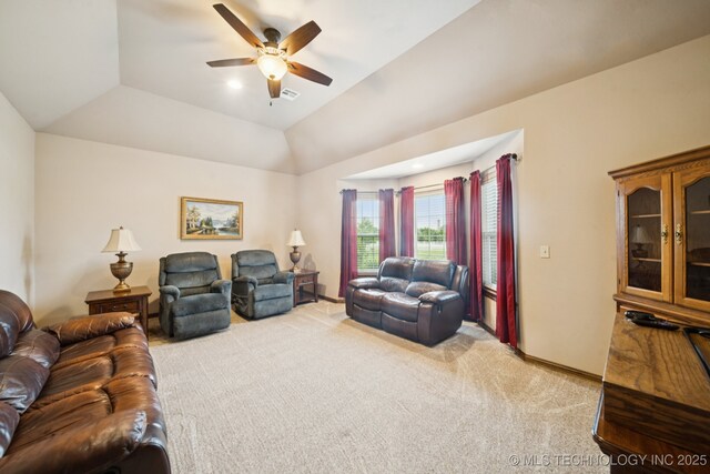 21 E 171st St S, Glenpool, OK 74033 - living room with ceiling fan, light carpet, and lofted ceiling