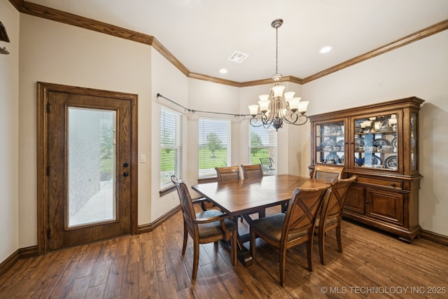 21 E 171st St S, Glenpool, OK 74033 - dining space with a chandelier, wood-type flooring, crown molding, baseboards, and recessed lighting