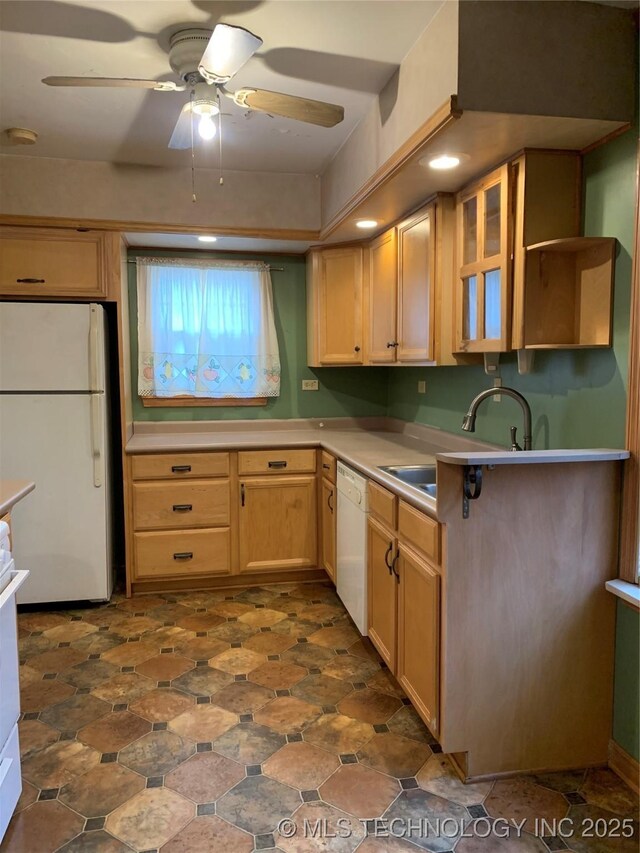 141 N College Ave, Tulsa, OK 74110 - kitchen with white appliances, a ceiling fan, light brown cabinetry, light countertops, and open shelves