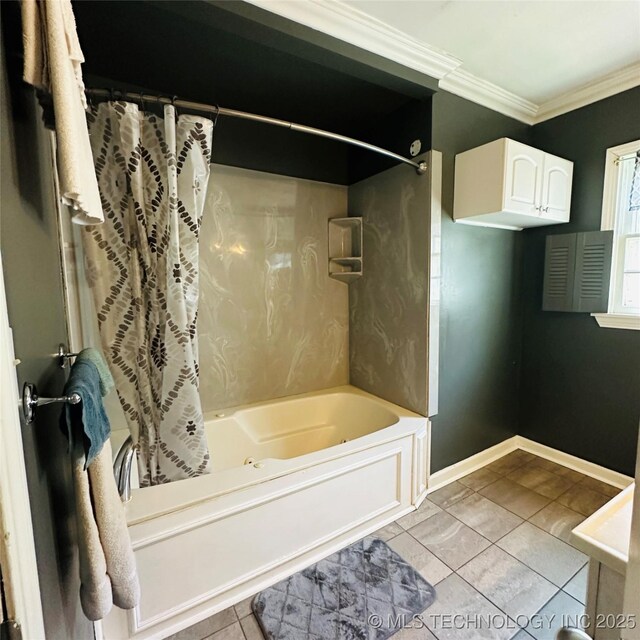 141 N College Ave, Tulsa, OK 74110 - bathroom featuring shower / bath combo with shower curtain, crown molding, and tile patterned flooring