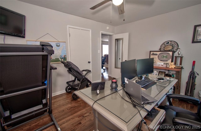 120 S Camden St, Muskogee, OK 74403 - office area featuring wood finished floors, a ceiling fan, and baseboards