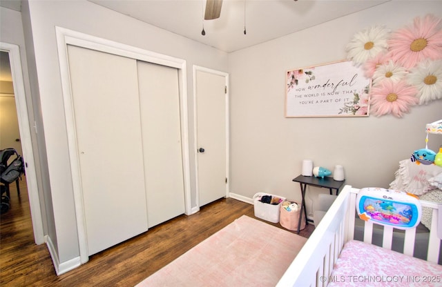 120 S Camden St, Muskogee, OK 74403 - bedroom featuring wood finished floors, a closet, ceiling fan, and baseboards