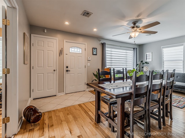3215 W 41st St, Tulsa, OK 74107 - dining room featuring ceiling fan, light wood finished floors, recessed lighting, and baseboards