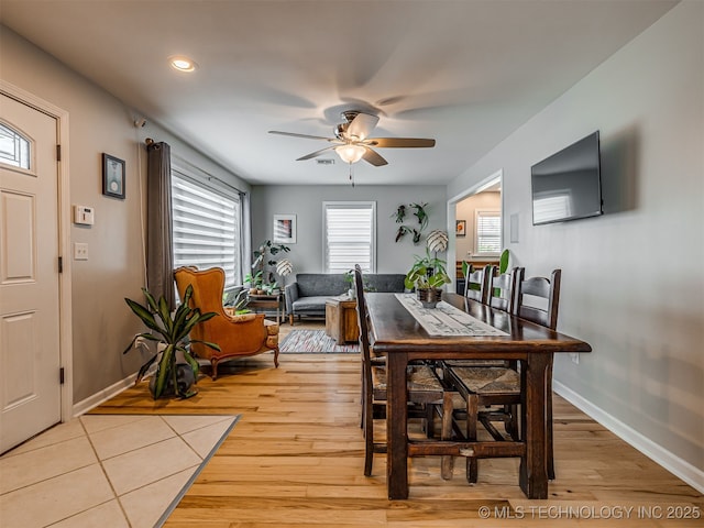 3215 W 41st St, Tulsa, OK 74107 - dining space featuring ceiling fan, light wood-type flooring, baseboards, and recessed lighting
