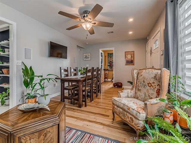 3215 W 41st St, Tulsa, OK 74107 - dining room with baseboards, light wood-style flooring, recessed lighting, and ceiling fan
