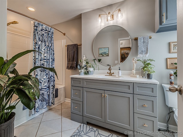 3215 W 41st St, Tulsa, OK 74107 - bathroom with shower / bathtub combination with curtain, toilet, vanity, and tile patterned floors