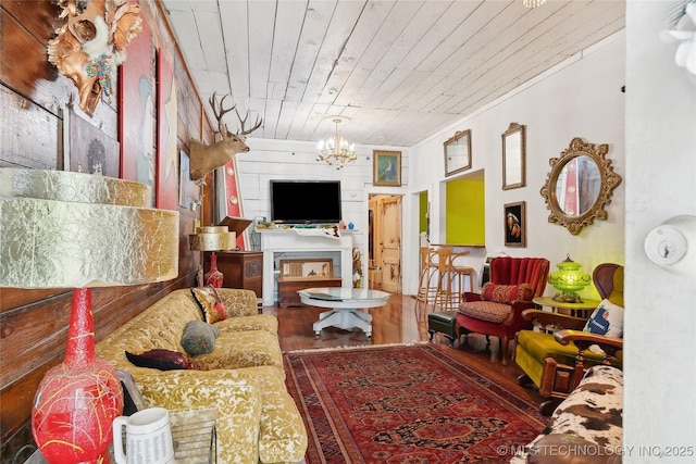 528 S Muskogee, Tahlequah, OK 74464 - living room with a chandelier, wood finished floors, and wooden ceiling
