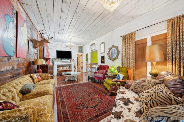 528 S Muskogee, Tahlequah, OK 74464 - living room featuring a chandelier, wood ceiling, and wood finished floors