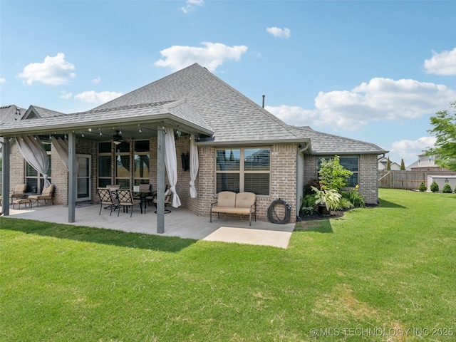12909 S First St, Jenks, OK 74037 - back of house with ceiling fan, brick siding, a patio, and roof with shingles