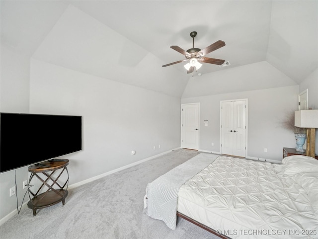 12909 S First St, Jenks, OK 74037 - bedroom featuring carpet, vaulted ceiling, baseboards, and a ceiling fan