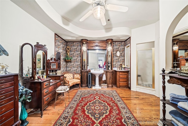 11601 S 193rd E Ave, Broken Arrow, OK 74014 - office space featuring arched walkways, ceiling fan, light wood-type flooring, and a sink