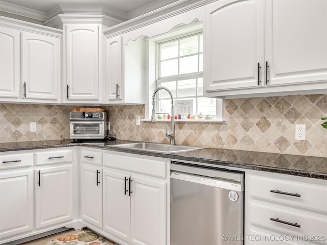 12411 E 90th St N, Owasso, OK 74055 - kitchen with stainless steel dishwasher, a sink, white cabinetry, decorative backsplash, and ornamental molding