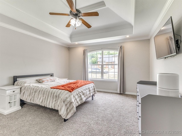 12411 E 90th St N, Owasso, OK 74055 - bedroom with a raised ceiling, light colored carpet, ornamental molding, baseboards, and ceiling fan