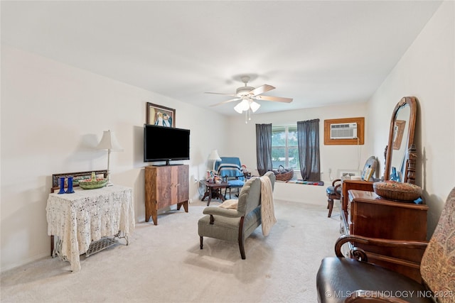 242 Weatherman St, Kellyville, OK 74039 - living area with ceiling fan, light colored carpet, and a wall mounted air conditioner