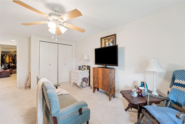 242 Weatherman St, Kellyville, OK 74039 - living room featuring light colored carpet and a ceiling fan