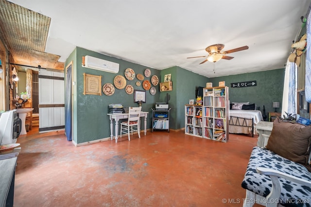 3819 129th Rd, Panola, OK 74559 - office area with a wall mounted air conditioner, concrete flooring, ceiling fan, and baseboards