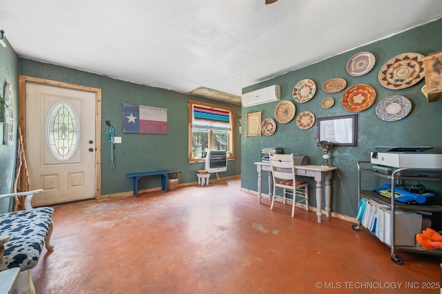 3819 129th Rd, Panola, OK 74559 - entrance foyer with a wall mounted air conditioner, heating unit, finished concrete floors, and plenty of natural light
