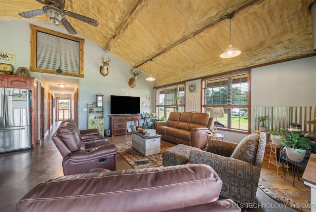3819 129th Rd, Panola, OK 74559 - living area featuring wooden ceiling, plenty of natural light, a ceiling fan, and high vaulted ceiling