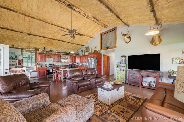 3819 129th Rd, Panola, OK 74559 - living room with ceiling fan, wood ceiling, and dark wood-style floors