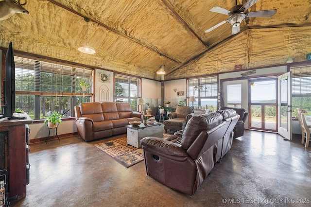 3819 129th Rd, Panola, OK 74559 - living room featuring concrete flooring, wooden ceiling, a ceiling fan, and high vaulted ceiling
