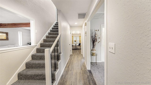 1120 N Juniper Pl, Broken Arrow, OK 74012 - stairway with a textured wall, wood finished floors, and baseboards