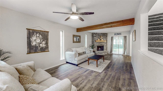 1120 N Juniper Pl, Broken Arrow, OK 74012 - living area with dark wood-type flooring, stairway, a ceiling fan, beamed ceiling, and a fireplace