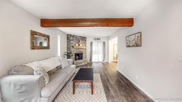 1120 N Juniper Pl, Broken Arrow, OK 74012 - living area featuring dark wood finished floors, a stone fireplace, beam ceiling, and baseboards