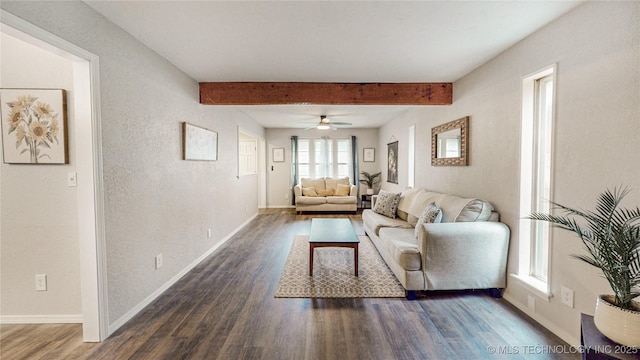 1120 N Juniper Pl, Broken Arrow, OK 74012 - living room with dark wood-type flooring, beamed ceiling, baseboards, a textured wall, and ceiling fan