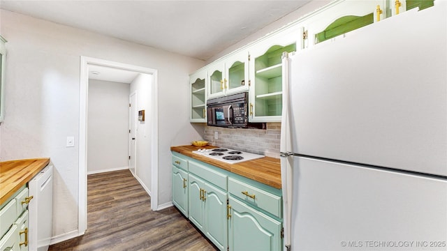 1120 N Juniper Pl, Broken Arrow, OK 74012 - kitchen with white appliances, butcher block countertops, decorative backsplash, dark wood-style floors, and glass insert cabinets