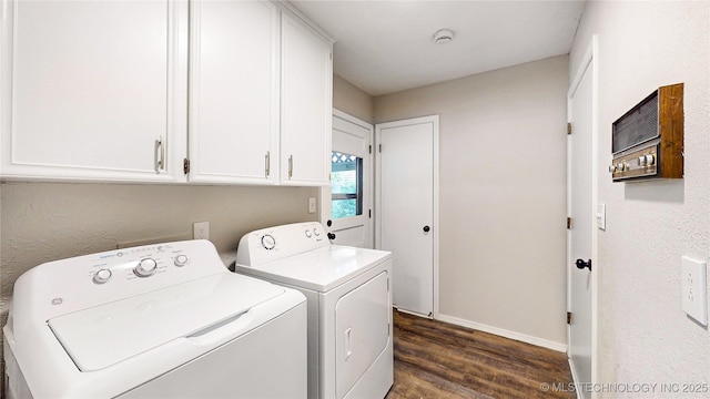 1120 N Juniper Pl, Broken Arrow, OK 74012 - laundry room with washing machine and dryer, cabinet space, dark wood finished floors, and baseboards