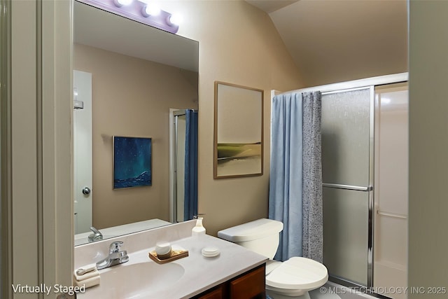 324 E 125th Pl S, Jenks, OK 74037 - bathroom with a shower stall, vanity, toilet, and vaulted ceiling