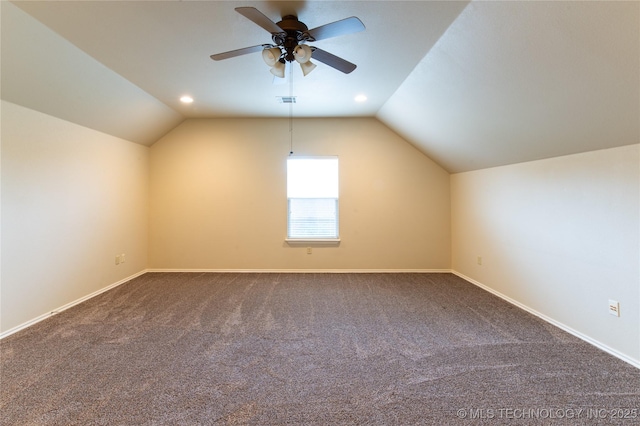 324 E 125th Pl S, Jenks, OK 74037 - additional living space with lofted ceiling, ceiling fan, baseboards, and carpet flooring