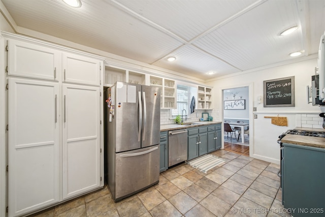 2124 E 19th St, Tulsa, OK 74104 - kitchen featuring appliances with stainless steel finishes, decorative backsplash, white cabinetry, recessed lighting, and a sink
