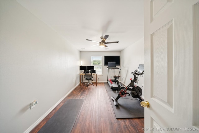 31102 S 4190th Rd, Inola, OK 74036 - exercise room featuring wood finished floors, baseboards, and ceiling fan
