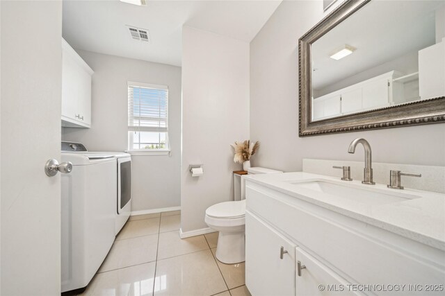 31102 S 4190th Rd, Inola, OK 74036 - full bathroom with washer and clothes dryer, vanity, and tile patterned floors