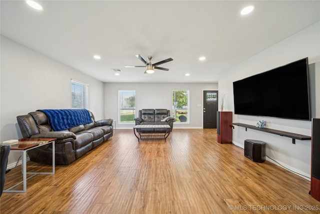 31102 S 4190th Rd, Inola, OK 74036 - living room with wood finished floors, a ceiling fan, recessed lighting, and baseboards