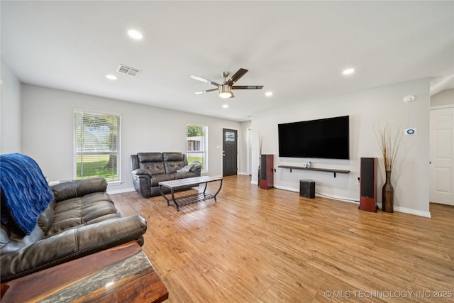 31102 S 4190th Rd, Inola, OK 74036 - living room with recessed lighting, a ceiling fan, light wood-style flooring, and baseboards