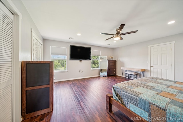 31102 S 4190th Rd, Inola, OK 74036 - bedroom featuring dark wood finished floors, baseboards, recessed lighting, and ceiling fan